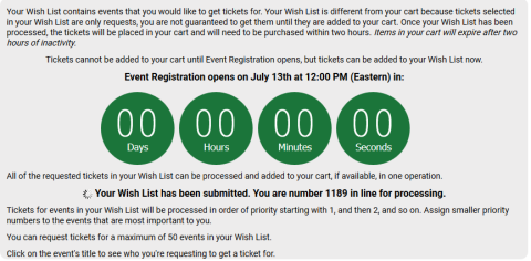 Screenshot of the Gen Con Online wish list in the process of submission